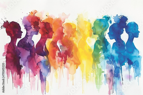 Generative Ai watercolor illustration of a multicolored silhouettes of a group of different people on a white background. photo