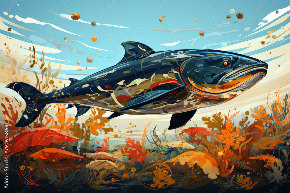 Vibrant underwater scene with swimming fish illustration