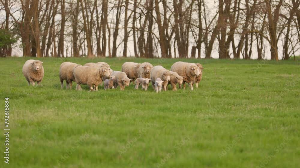 Sheep Graze in Meadow with Green Grass. Livestock on Farm in Countryside Sheep Graze in Meadow with Green Grass. Livestock on Farm in Countryside