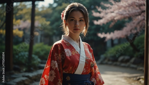 beautiful caucasian young woman wearing traditional japanese yukata from Generative AI