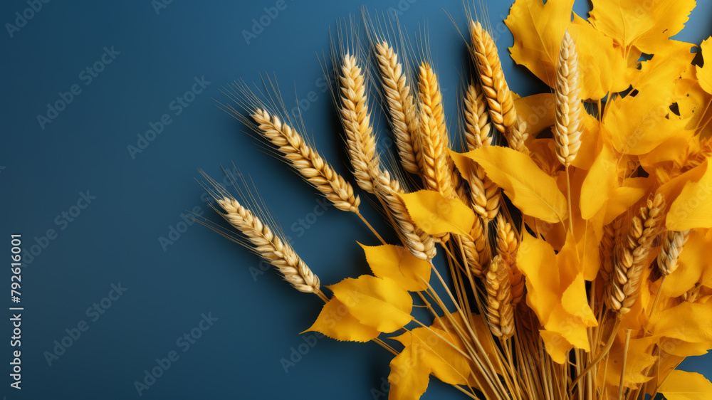 Fototapeta premium Golden wheat ears and autumn leaves on blue background