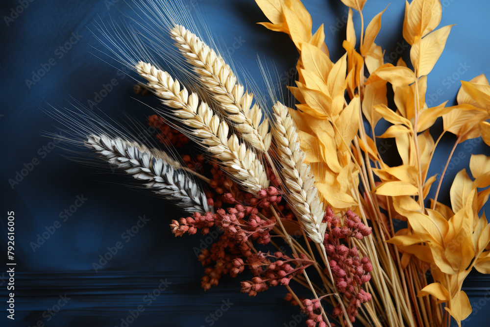 Fototapeta premium Autumn harvest wheat and dried plants arrangement