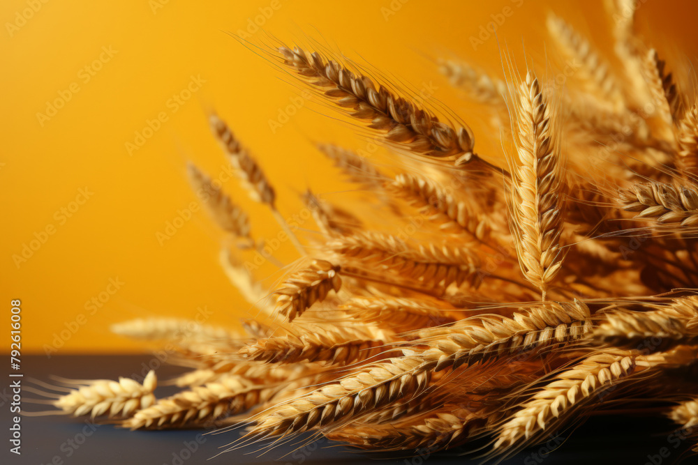 Fototapeta premium Golden wheat ears against a vibrant yellow background