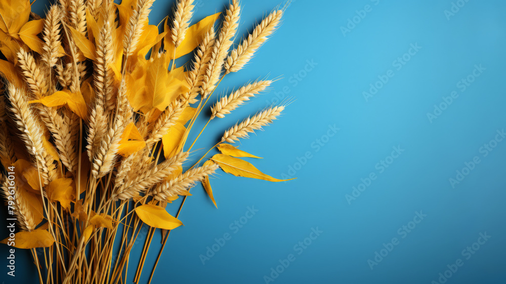 Obraz premium Golden wheat and leaves against a vibrant blue background
