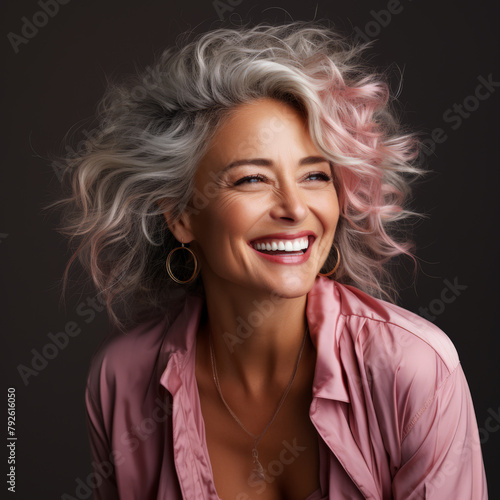Radiant mature woman with vibrant silver hair laughing joyously