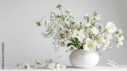 a stunning advertising photography featuring an elegant verbena arrangement with white lisianthus flowers. the beauty of the flower stems and leaves is showcased against a white background 