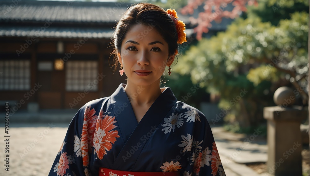 beautiful hispanic middleage woman wearing traditional japanese yukata from Generative AI