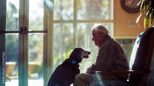 vieil homme et son chien l'un en face de l'autre dans une maison de retraite qui accepte les animaux photo