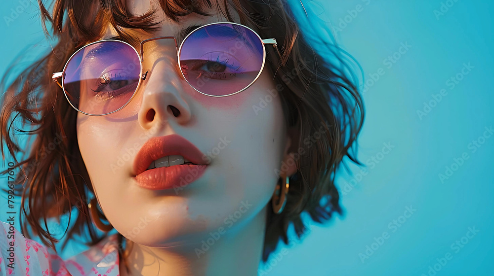 Close-up of a young stylish woman wearing round pink-tinted sunglasses on a vibrant blue background.
