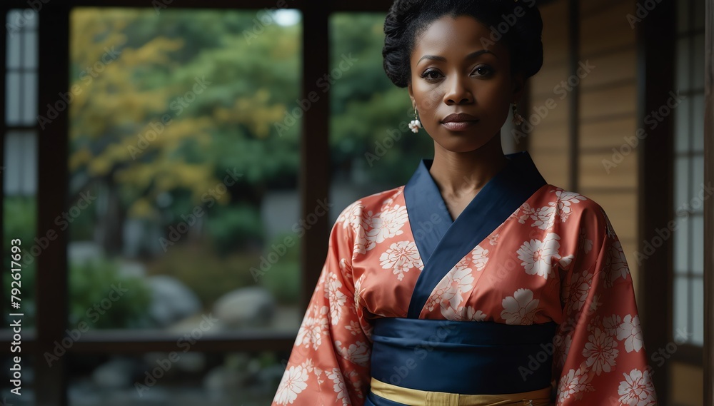 beautiful middleaged black african woman wearing traditional japanese yukata from Generative AI