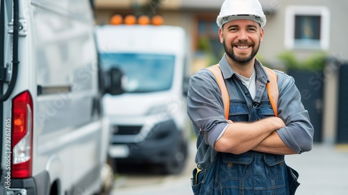 A plumber man with delivery vans. Plumber transportation, plumbing equipment concept photo