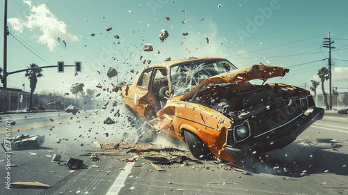Dramatic car crash scene with shattered glass and debris photo