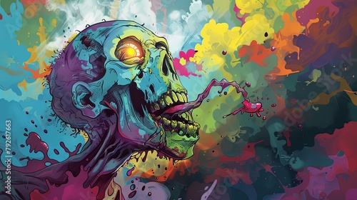 Colorful zombie illustration with vibrant splashes