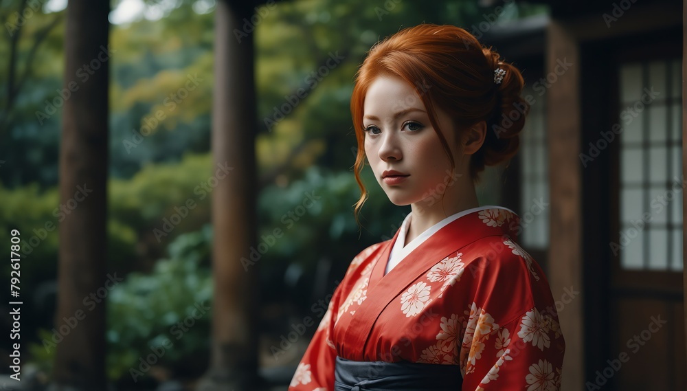 beautiful red head young woman wearing traditional japanese yukata from Generative AI