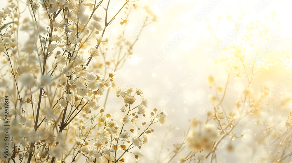 Gray shadows of the flowers and delicate grass on a white wall. Abstract neutral nature concept background. Space for text. Blurred, floral composition, white flowers on the white background
