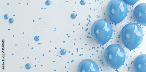 Light blue balloons and silver confetti on a light background