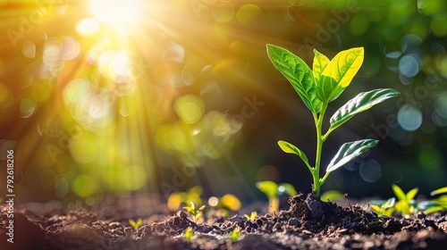 Sunlight nurturing young plant growth in fertile soil