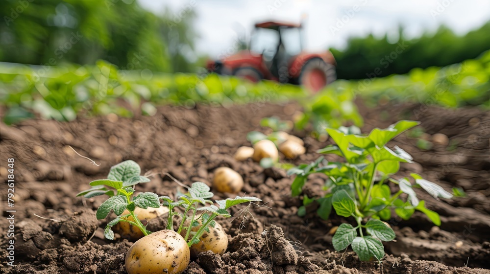 Freshly harvested potatoes in a field with tractor in the background Freshly harvested potatoes in a field with tractor in the background