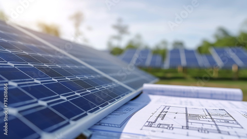 Construction project on the background of solar batteries, image of green energy © kichigin19