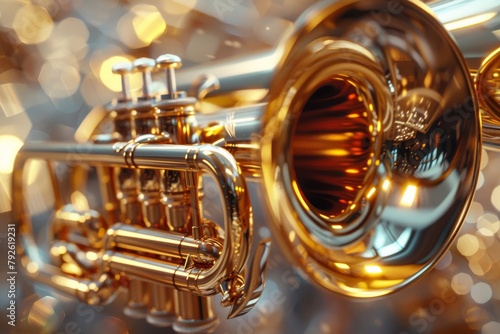 Focus on the shine of the brass finish on a marching band instrument