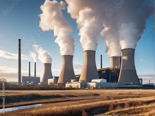 Illustration of a fossil power plant that emits air pollution and contributes greatly to climate change. concepts about climate change, environmental pollution, global warming, climate crisis.
