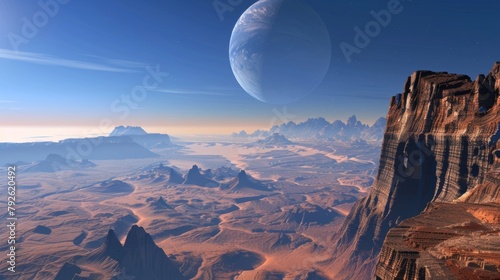 Closeup of a rocky desolate planet covered in deep canyons and towering mountains. . photo