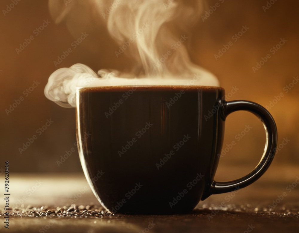 Close-up shot of a mug with hot coffee, steam rising from the surface. Close-up shot of a mug with hot coffee, steam rising from the surface.