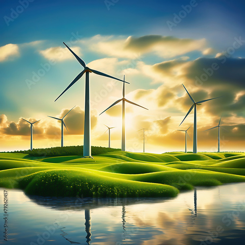 Green technology. Renewable with a wind turbine on the water in nature. AI