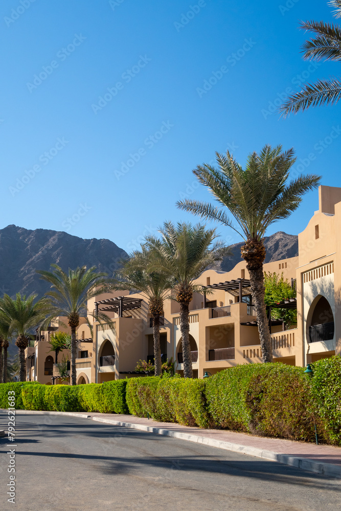 Row of arabic style modern townhouses, residential architecture with green vegetation and palm trees around, Hajar mountains in the background, Fujairah, United Arab Emirates.