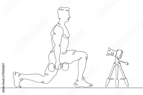 Fitness blogger leads a workout.One continuous line.Blogger male character. Internet blogging, online broadcasting.Continuous line drawing.Line Art isolated white background.