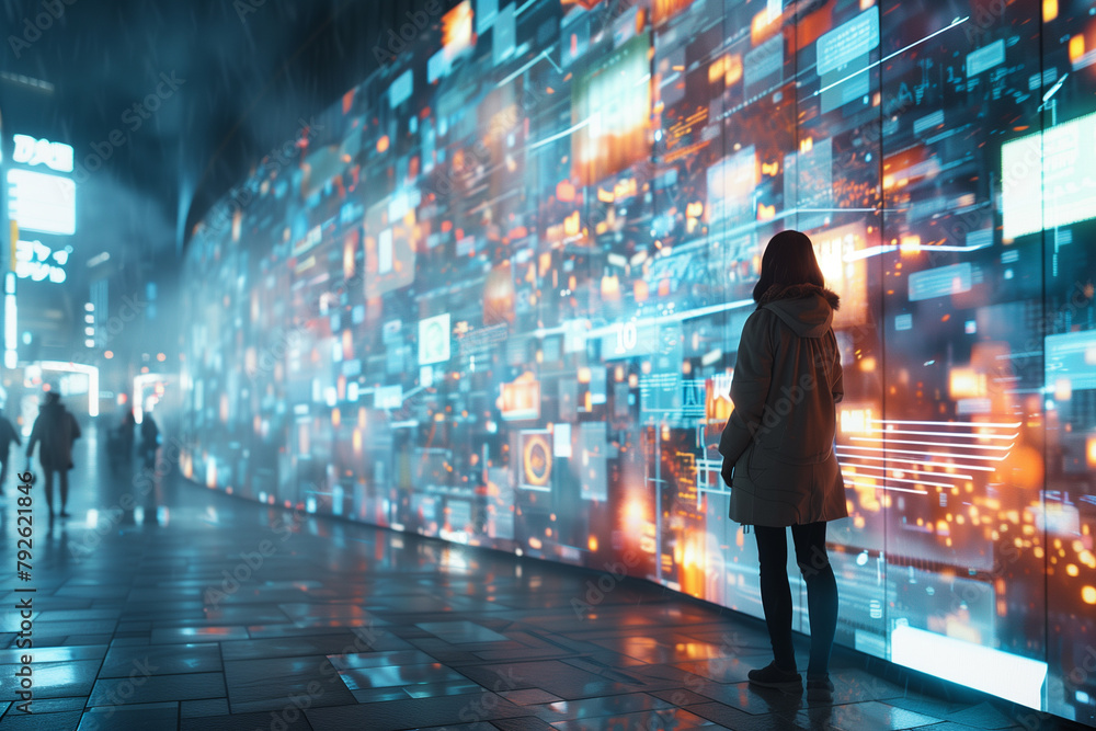 Woman Walking Along LED Screen Wall Displaying Digital Transformation Graphic