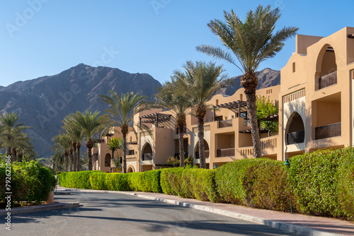 Row of arabic style modern townhouses, residential architecture with green vegetation and palm trees around, Hajar mountains in the background, Fujairah, United Arab Emirates.