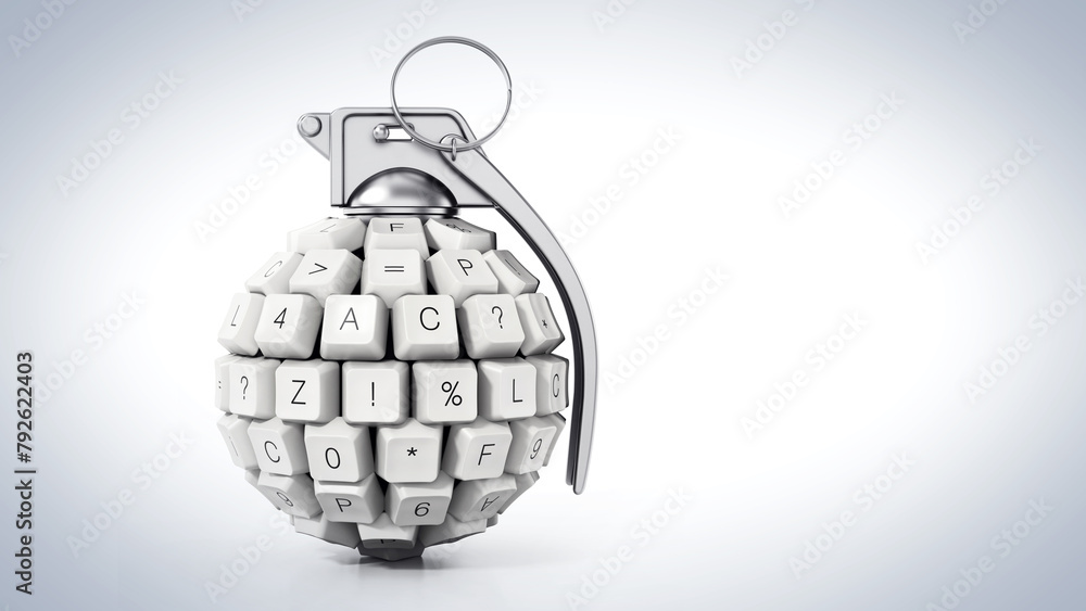 Naklejka premium Keyboard keys form a hand grenade. 3D illustration