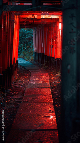 fushimi inari at night. creepy ambience japanese traditional gate. vertical.