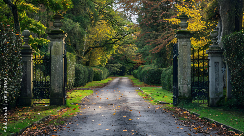 Green driveway with open gates