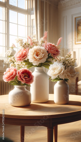 A bright, airy space with a warm ambiance, featuring three elegant white vases of varying heights on a wooden table