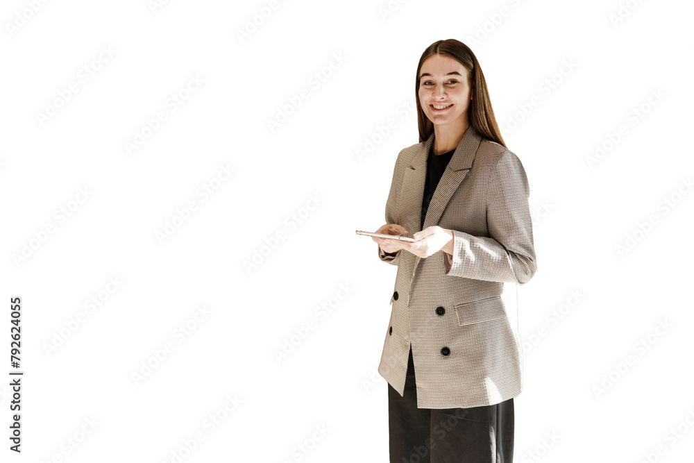 A business woman uses a tablet to communicate in a work chat with a client, a cut-out background A business woman uses a tablet to communicate in a work chat with a client, a cut-out background
