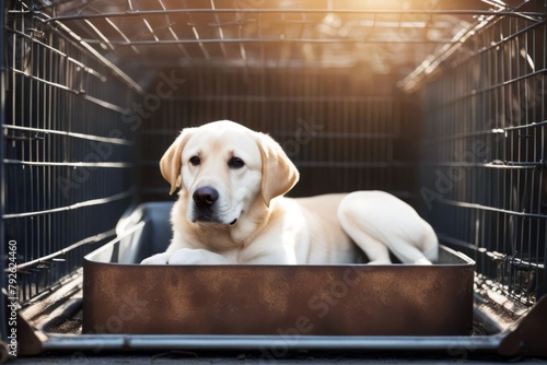 'happy isolated labrador iron box dog cage lies background adorable animal beautiful big bird black boy breed brown care carriage carrier case contain crate cute driving ear empty gold happiness help' photo