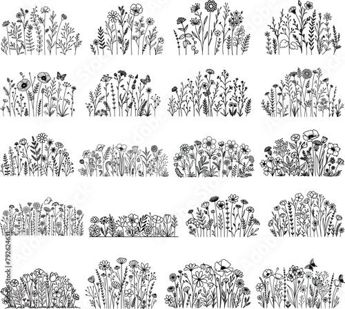 Set of twenty hand-drawn wildflower meadows for printing, engraving , coloring and so on. Vector illustration.