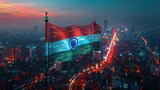 Futuristic concept of communication of Indian city, skyline buildings illuminated with lights, Indian National Flag, 15 August India independence Day