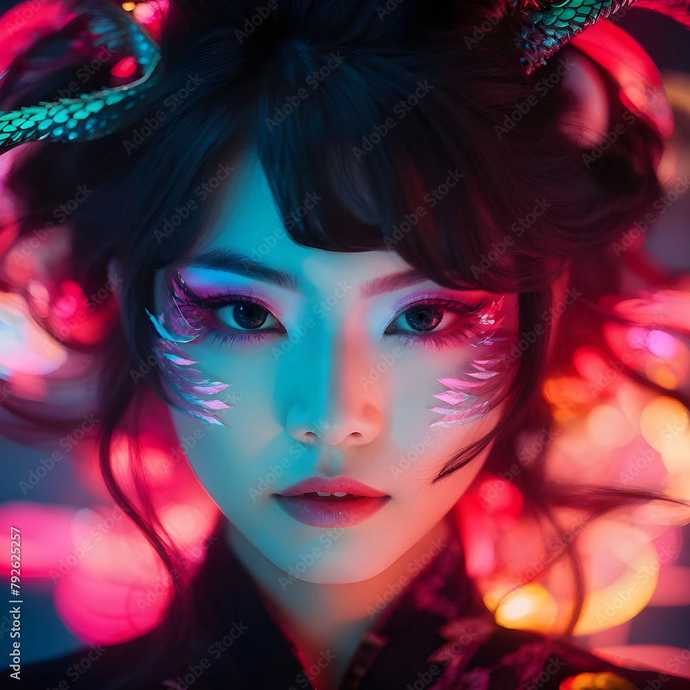 a geisha with makeup that includes pink, purple, and blue hues. with japanese dragon. AI Generative