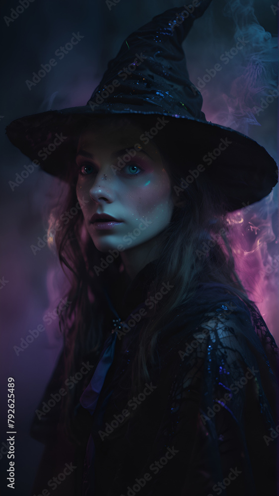 A mysterious witch with a pointed hat and swirling cloak, surrounded by a cloud of magical energy. AI Generative