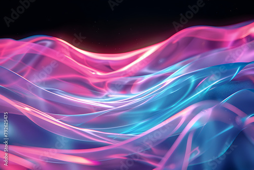 Dazzling neon waves with vibrant pink and blue light reflections. Eye-catching abstract artwork on black background.