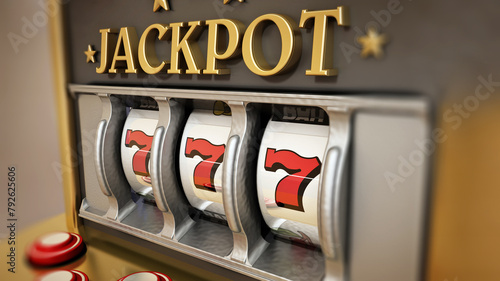 Slot machine with three seven symbols and jackpot text. 3D illustration