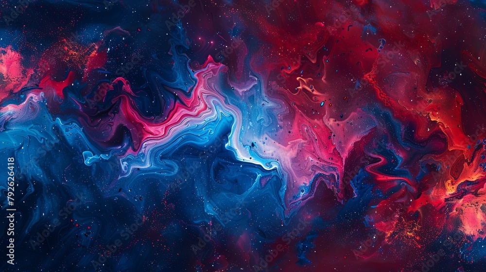 Vibrant abstract cosmic swirl with a dynamic blend of blue and red hues - obrazy, fototapety, plakaty 