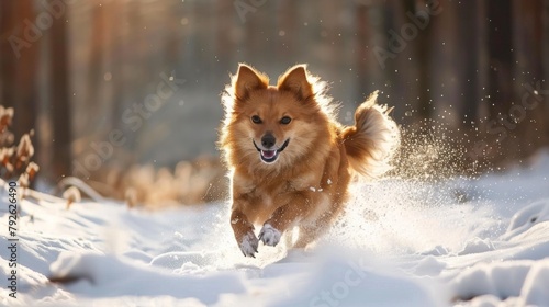 Joyful Finnish Spitz Playing in Snow