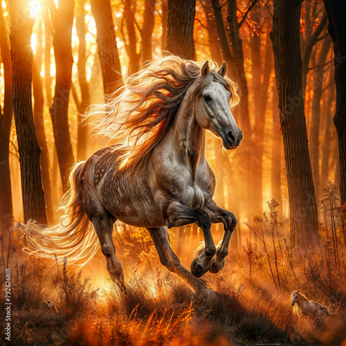 araffe running in the sun with a golden light  horse is running  galloping through the forest  beautiful horse  beautiful autumn spirit  horse  bathed in golden light  beautiful serene horse  flowing 
