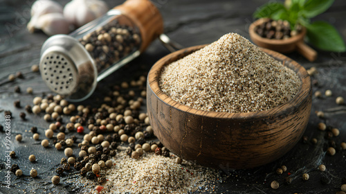 Ground white pepper in bowl and pepper shaker  photo