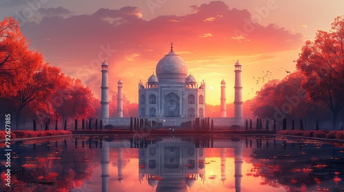 A wide angled view of Taj Mahal in Agra captured with Yamuna River beside. Taj Mahal during sunset in Agra. photo