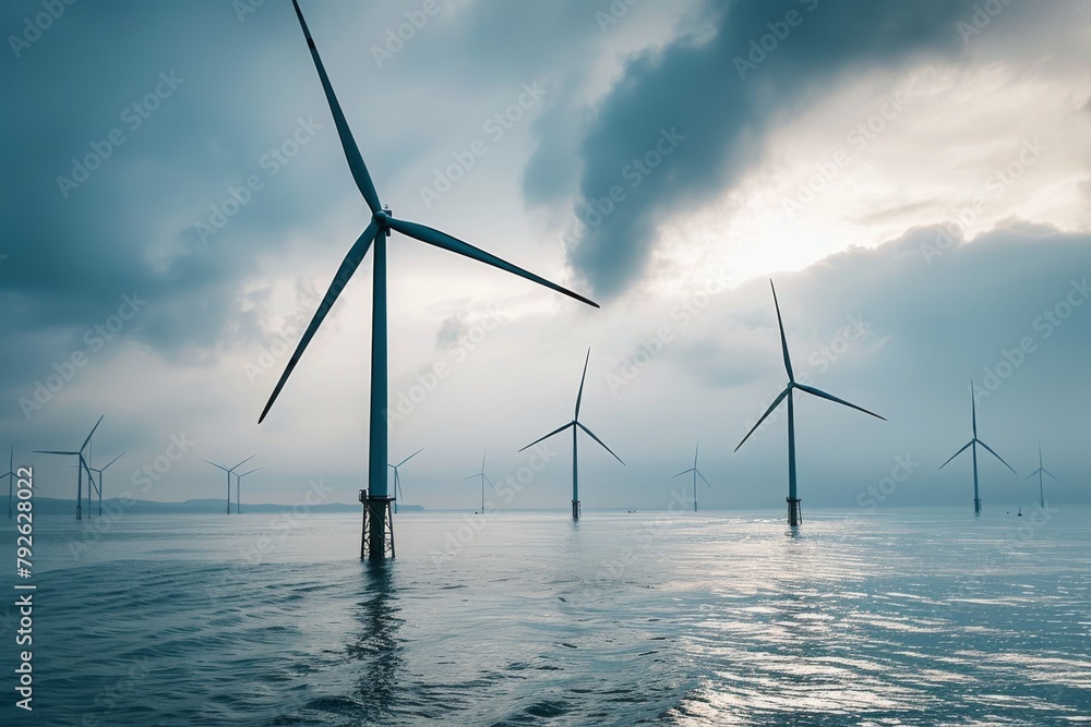 Majestic wind turbines under stormy skies over ocean waves - obrazy, fototapety, plakaty 